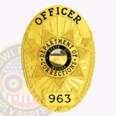 Close up of a custom metal badge in gold with safety pin attachment, designed for an officer in the indiana department of corrections. The badge prominently displays "officer" at the top, with "department of corrections" encircling a central state emblem. The star-shaped design features intricate details, and the badge number "963" is shown at the bottom. The shiny gold finish enhances its authoritative presence, while the safety pin attachment allows for secure fastening to uniforms, making it both functional and eye-catching for law enforcement personnel.