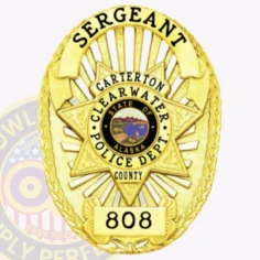 Traditional Oval Badge With 7 Point Star Center, 6 Text Panels, Sunburst Background, Cord Edge 7 Oval gold metal badge designed for clearwater police sergeant in carterton county, showing a detailed star with the alaska state seal in the middle, encircled by "carterton clearwater police dept. County," labeled "sergeant" on top and numbered "808" below, attached via safety pin.