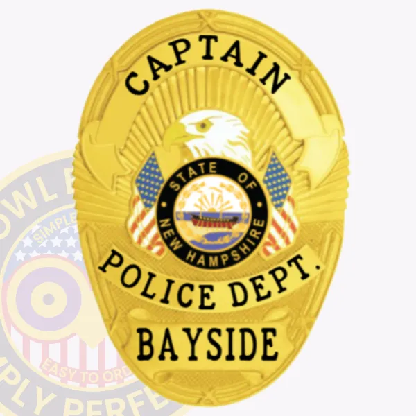 Custom gold metal oval badge for Bayside Police Captain highlighting an eagle emblem with yellow beak above the detailed New Hampshire state seal, surrounded by American flags, framed with black text "CAPTAIN," "POLICE DEPT.," and "BAYSIDE," equipped with a safety pin attachment.