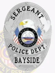 Detailed silver oval police badge for Bayside Sergeant featuring an eagle with a yellow beak above the New Hampshire state seal in the center, flanked by American flags, highlighted by black lettering "SERGEANT," "POLICE DEPT.," and "BAYSIDE," designed with a safety pin attachment.