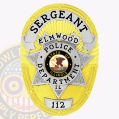Vintage Oval Badge With 7 Point Star Center, Background Rays, 6 Text Panels, Classic Edge 6 Oval gold metal badge customized for elmwood police sergeant, highlighted by a detailed silver 7-point star at the center, black lettering on white ribbons including "sergeant," "elmwood," and "police department il," with identification number "112" at the base.