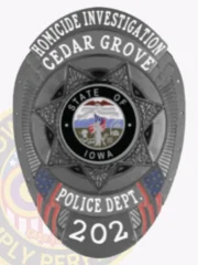 Oval black metal badge designed for Cedar Grove Police homicide investigation with safety pin attachment, showcasing a raised 7-point star in black at the center surrounding the Iowa state seal, white bold lettering stating "HOMICIDE INVESTIGATION," "CEDAR GROVE," "POLICE DEPT.," and "202," with American flag details at the bottom.