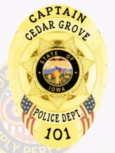 Cedar Grove Police Department gold oval metal badge for captain, decorated with a radiant gold base and a central 7-point star bearing the Iowa state seal, gold banners with black text for "CAPTAIN," "CEDAR GROVE," "POLICE DEPT.," and number "101," including American flag motifs.