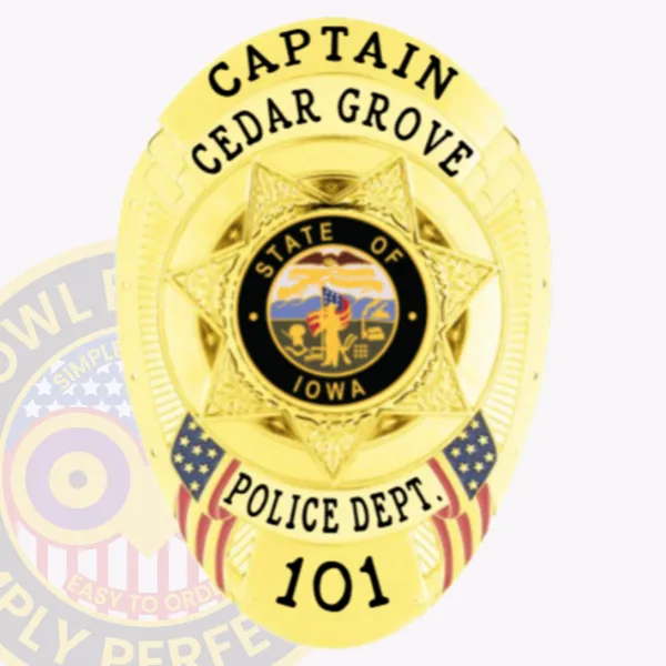 Custom police metal badge in gold oval shape for Cedar Grove captain, showing a detailed 7-point star in gold at the center with the State of Iowa seal, bold black lettering on gold scrolls reading "CAPTAIN," "CEDAR GROVE," "POLICE DEPT.," and "101," accented by American flags.