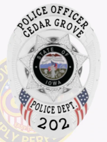 Silver oval custom metal badge for Cedar Grove police officer, highlighted by a radiant silver 7-point star featuring the State of Iowa seal in the center, black text banners reading "POLICE OFFICER," "CEDAR GROVE," "POLICE DEPT.," and badge number "202," with American flag accents.
