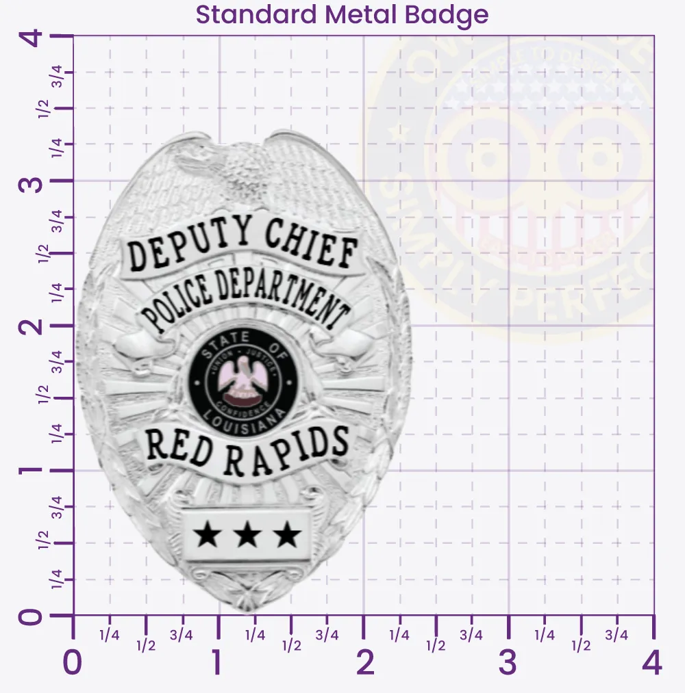 12-D17-2 Custom Badges And Design, Create, Build and Order Custom Badges Personalized Badges Officer Badges Red Rapids Police Silver Badges 3.35 Standard