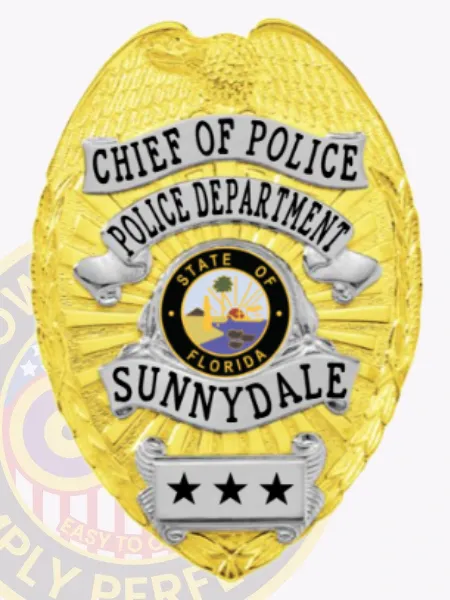 Gold metal police badge for Sunnydale chief of police featuring a sculpted eagle spreading wings on top, black text CHIEF OF POLICE and POLICE DEPARTMENT on silver banners, a colorful Florida state seal centered on the badge, SUNNYDALE name printed below, and three black stars on a silver plaque at the base, secured by safety pin.