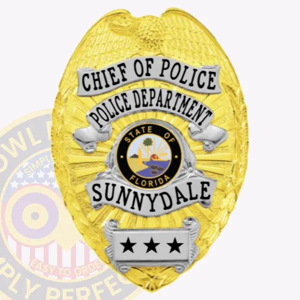 Metal custom badge in gold for Sunnydale chief of police showing a detailed eagle figure atop the shield, silver banners with CHIEF OF POLICE and POLICE DEPARTMENT text in black, a colorful State of Florida emblem in the middle, SUNNYDALE printed prominently below, and a silver plate featuring three stars at the bottom, fixed with a safety pin.