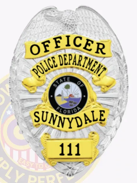 Elegant silver metal badge for Sunnydale police officer decorated with an embossed eagle at the upper edge, yellow text banners reading OFFICER and POLICE DEPARTMENT in black letters, a vibrant State of Florida seal in the center, SUNNYDALE printed clearly underneath, and a yellow plate with the number 111 at the base, equipped with safety pin attachment.