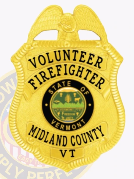 An elegant custom metal badge in radiant gold color is designed with a reliable safety pin attachment. The badge showcases "VOLUNTEER FIREFIGHTER," along with the state emblem of Vermont and "MIDLAND COUNTY VT," representing pride and commitment in firefighting.
