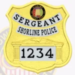 Modern Shield Badge with Architecture Motif, 3 Text Panels, Classic Line Border view 2
