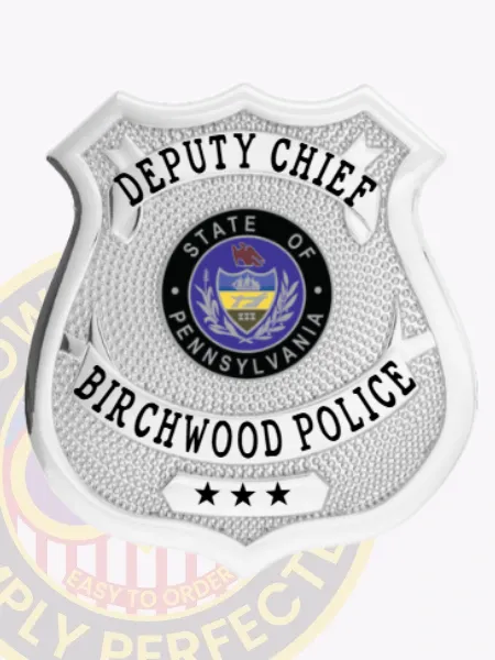 Detailed custom silver metal shield badge for Birchwood police deputy chief with a safety pin fastener, featuring DEPUTY CHIEF boldly printed at the top on a curved banner, the State of Pennsylvania seal emblem centered, BIRCHWOOD POLICE curved across the middle, and three stars displayed clearly near the base.
