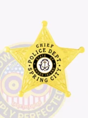 Custom gold 5 point metal badge for Spring City police the chief, with embossed leaf details on star points and a black and gold circular center showing "STATE OF RHODE ISLAND" and an anchor, encircled by bold lettering "CHIEF POLICE DEPT SPRING CITY," fastened with a safety pin.