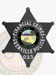 Custom black metal badge shaped as a 6 point star for Grenville Police Financial Crimes unit, with smooth star points and ball-shaped tips, a central Indiana seal inside a black circle, bold white letters around it spelling "FINANCIAL CRIMES GRENVILLE POLICE," and badge number "023" at the bottom, fastened by safety pin.