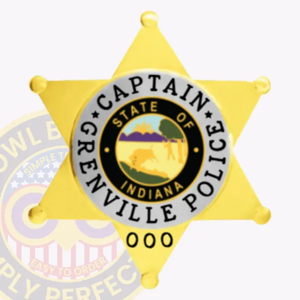 Gold 6 point star police badge for Grenville Captain, displaying rounded star points with ball tips, a center medallion featuring the State of Indiana seal in black and gold, surrounded by bold black text "CAPTAIN GRENVILLE POLICE," and attached with a safety pin.