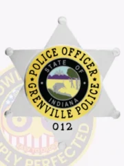 Polished silver 6 point star badge for Officer of Grenville Police Department, featuring six smooth points topped with balls, a detailed Indiana state seal in the center, black text on a yellow band stating "POLICE OFFICER GRENVILLE POLICE," and a safety pin attachment.
