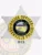 Polished silver 6 point star badge for Officer of Grenville Police Department, featuring six smooth points topped with balls, a detailed Indiana state seal in the center, black text on a yellow band stating "POLICE OFFICER GRENVILLE POLICE," and a safety pin attachment.