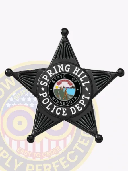 Custom black five-point star badge for Spring Hill Police, featuring a white circular banner with "Spring Hill Police Dept." text and central Minnesota state seal, designed with safety pin attachment.