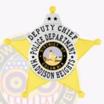 Classic 5 Pointed Star Badge with Rounded Points, Top Ribbons, 4 Text Panels, Line Edge view 2