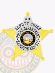 Custom gold five-point star badge with silver panels for Madison Heights Police Deputy Chief, featuring a white circular banner text and the District of Columbia state seal at the center, designed with safety pin attachment.