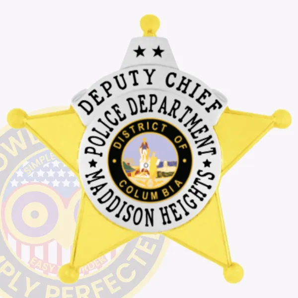 Metal gold 5 point star badge with silver panels for Madison Heights Police Deputy Chief, including a white circular banner and the District of Columbia seal at the center, secured by safety pin for easy wear.