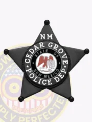 Custom black five-point star badge for Cedar Grove Police, featuring a white circular banner with "Cedar Grove Police Dept" text and central New Mexico state seal, designed with safety pin attachment.