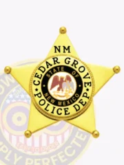 Custom gold 5 point star metal badge for Cedar Grove Police, featuring a circular black banner with gold text "Cedar Grove Police Dept" surrounding the New Mexico state seal, attached with safety pin.