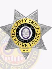 Custom silver 7 point star metal badge for Newtown police the deputy chief, showing a textured silver star with ornate leaf patterns, a black and purple state seal in the center, encircled by a yellow ring with the title “Deputy Chief Newtown Police” in black font and two stars below.