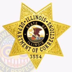 Close up of a custom metal badge in gold with safety pin attachment, designed in a star shape to symbolize authority. The badge prominently features the words "department of corrections" encircling a central circular emblem that showcases the state seal of illinois, complete with an eagle and the state flag. The text "state of illinois" is displayed around the seal, while the number "3554" at the bottom indicates a specific badge number. This detailed design highlights the professionalism and commitment of law enforcement personnel.
