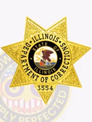 Custom metal badge in gold with safety pin attachment, designed in a star shape to signify authority. The badge prominently features the words "Department of Corrections" around a central circular emblem showcasing the state seal of Illinois, which includes an eagle and the state flag. The text "State of Illinois" encircles the seal, while the number "3554" is displayed at the bottom, possibly signifying a badge number. This badge represents professionalism and dedication within the corrections field, emphasizing its importance in law enforcement.