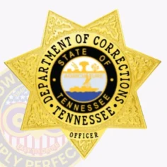 Close up of a custom metal badge in gold with safety pin attachment, designed for an officer in the tennessee department of corrections. The badge features a star shape with "department of corrections" prominently displayed around a central circular emblem that includes the state of tennessee. The text "state of agriculture" is also visible, along with the word "officer" at the bottom. The shiny gold finish adds to its authoritative appearance, while the safety pin attachment allows for secure fastening to uniforms, making it both practical and visually striking for law enforcement professionals.