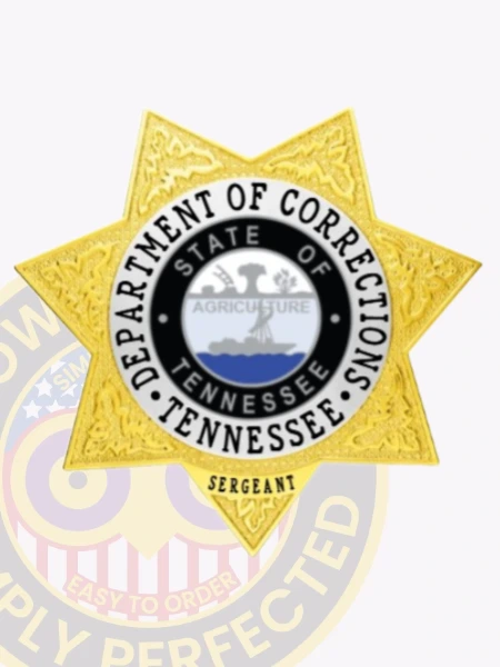 Custom metal badge in gold with a silver circle and with safety pin attachment, shaped like a star. The badge prominently displays the words "Department of Corrections" around a silver circular emblem. Inside the circle, the state seal of Tennessee features an agricultural scene and blue water, surrounded by the text "State of Tennessee." The word "Sergeant" is clearly indicated at the bottom, designating the rank of the officer. This badge represents authority and responsibility within the corrections system.