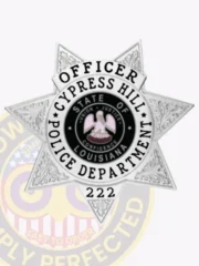 Metal badge in silver shaped as a 7 point star for Cypress Hill police the officer, with raised leaf engravings on each star tip, a black and pink Louisiana state seal in the center, and bold black text surrounding it that says “Officer Cypress Hill Police Department,” fastened by a safety pin.