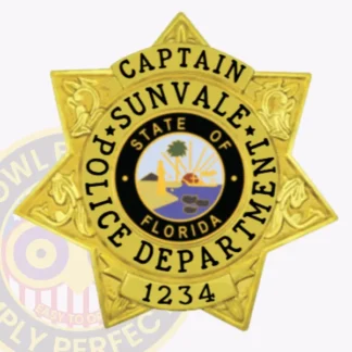 Sunvale Police Department Captain badge in gold, a custom 7 point star design with detailed scrollwork on the edges, "CAPTAIN" at the top, "SUNVALE POLICE DEPARTMENT" encircling the Florida state seal, and a safety pin attachment.
