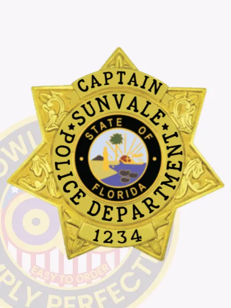 Shiny gold 7 point star metal badge for Sunvale Police Captain, displaying "1234" at the bottom, ornate leaf patterns on each star point, and a center medallion with the Florida state seal, designed with a secure safety pin back.