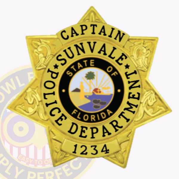 Sunvale Police Department Captain badge in gold, a custom 7 point star design with detailed scrollwork on the edges, "CAPTAIN" at the top, "SUNVALE POLICE DEPARTMENT" encircling the Florida state seal, and a safety pin attachment.