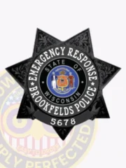 Detailed black 7 point star metal badge for Brookfields Police Emergency Response, embossed with floral motifs on each point, a central medallion featuring the State of Wisconsin emblem, white text encircling it reading "EMERGENCY RESPONSE BROOKFIELDS POLICE," and a safety pin attachment.