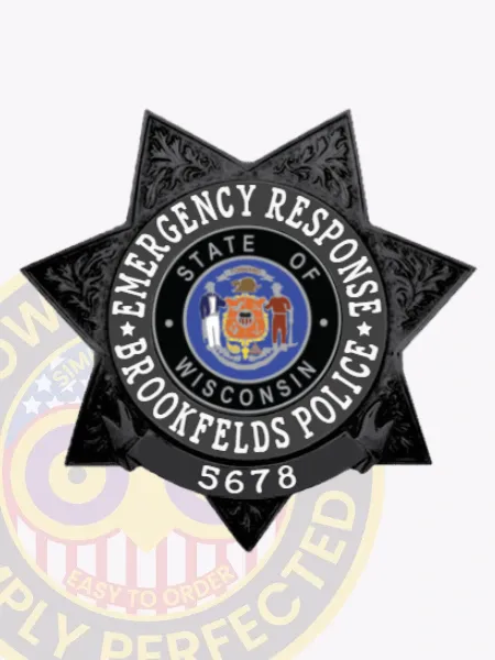 Detailed black 7 point star metal badge for Brookfields Police Emergency Response, embossed with floral motifs on each point, a central medallion featuring the State of Wisconsin emblem, white text encircling it reading "EMERGENCY RESPONSE BROOKFIELDS POLICE," and a safety pin attachment.