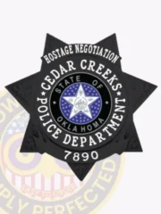 Custom black metal badge shaped as a 7 point star for Cedar Creeks Police Hostage Negotiation, decorated with intricate leaf patterns on points, a center circle with the Oklahoma seal and white star, white text surrounding it that says "HOSTAGE NEGOTIATION CEDAR CREEKS POLICE DEPARTMENT," and badge number "7890" on a banner below.