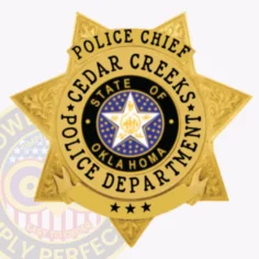 Gold 7 point star police badge for cedar creeks police chief, decorated with intricate leaf patterns on the star points, a central medallion displaying the oklahoma state seal and white star, black text surrounding it that says "police chief cedar creks police department," and secured with a safety pin.