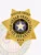 Cedar Creeks Police Chief custom gold 7 point star metal badge showing embossed floral designs on each point, a blue circular emblem with the Oklahoma state seal centered by a white star, clear black lettering around it, and three stars on a gold scroll at the bottom, attached by safety pin.