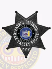 Metal badge in black shaped as a 7 point star for Oak Valley police the patrol division, with raised leaf engravings on each star tip, a central blue and gold New York state seal, and bold white text surrounding it that says “Patrol Division Oak Valley Police,” fastened by a safety pin.