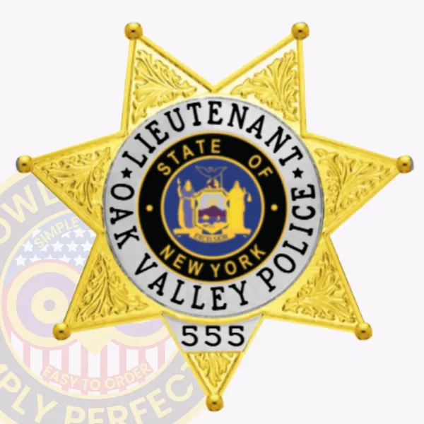 Custom gold 7 point star metal badge for Oak Valley police the lieutenant with safety pin attachment, featuring intricate embossed leaf patterns on each star point and a central circular emblem with the New York state seal, surrounded by a white ring with black text reading “Lieutenant Oak Valley Police” and the number “555” at the bottom.