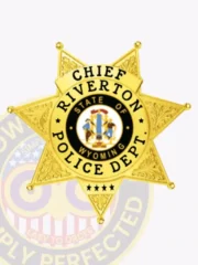 Custom gold 7 point star metal badge for Riverton police the chief, showing a textured gold star with ornate leaf designs on each point, a central black ring featuring the Wyoming state seal, and bold black text around it stating “Chief Riverton Police Dept” with four stars below.