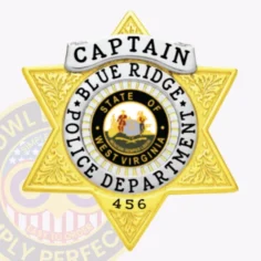 Metal gold 6 point star badge custom-made for blue ridge police captain, showing a white arched plate at the top with “captain” in black letters, a central west virginia state seal encircled by “blue ridge police department,” badge number “456” at the bottom, detailed leaf embossing on each star point, and a safety pin for uniform attachment.