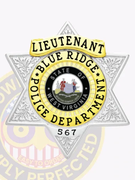 Detailed custom 6 point star police badge in silver for Blue Ridge Police Lieutenant, featuring a gold top label with “LIEUTENANT,” the West Virginia state seal at center surrounded by “BLUE RIDGE POLICE DEPARTMENT,” badge number “567” below, and decorative leaf patterns on the star, including a safety pin attachment.