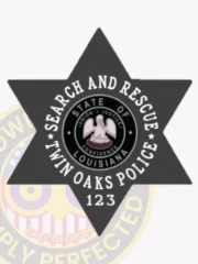 Custom black metal badge shaped as a six-point star for Twin Oaks Police Search and Rescue, displaying the Louisiana state seal centrally, encircled by clear white lettering including “Search and Rescue” and “Twin Oaks Police 123,” attached with a safety pin.