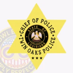 Custom gold 6 point star metal badge for twin oaks police chief of police, showing the louisiana state seal in the middle, encircled by black lettering reading “chief of police” and “twin oaks police,” with three black stars at the base and equipped with a safety pin closure for easy attachment.
