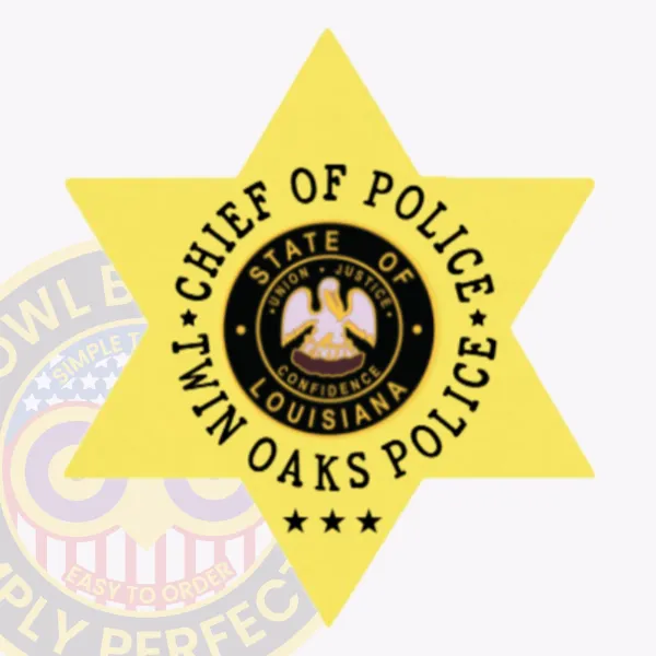 Custom gold 6 point star metal badge for Twin Oaks Police Chief of Police, showing the Louisiana state seal in the middle, encircled by black lettering reading “Chief of Police” and “Twin Oaks Police,” with three black stars at the base and equipped with a safety pin closure for easy attachment.