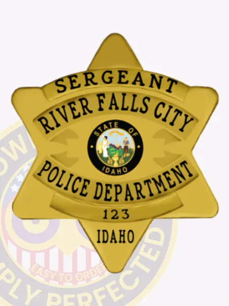 Custom 6 point star police badge in gold metal for River Falls City Police Sergeant, featuring distinct black text including rank, city, department, badge number “123,” and state name Idaho, complete with a safety pin fastening.